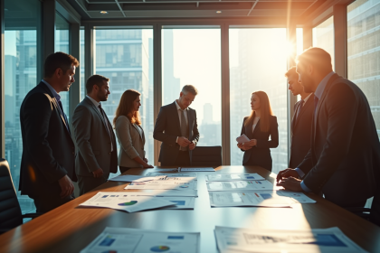 Groupe de professionnels en réunion dans un bureau moderne avec des graphiques financiers