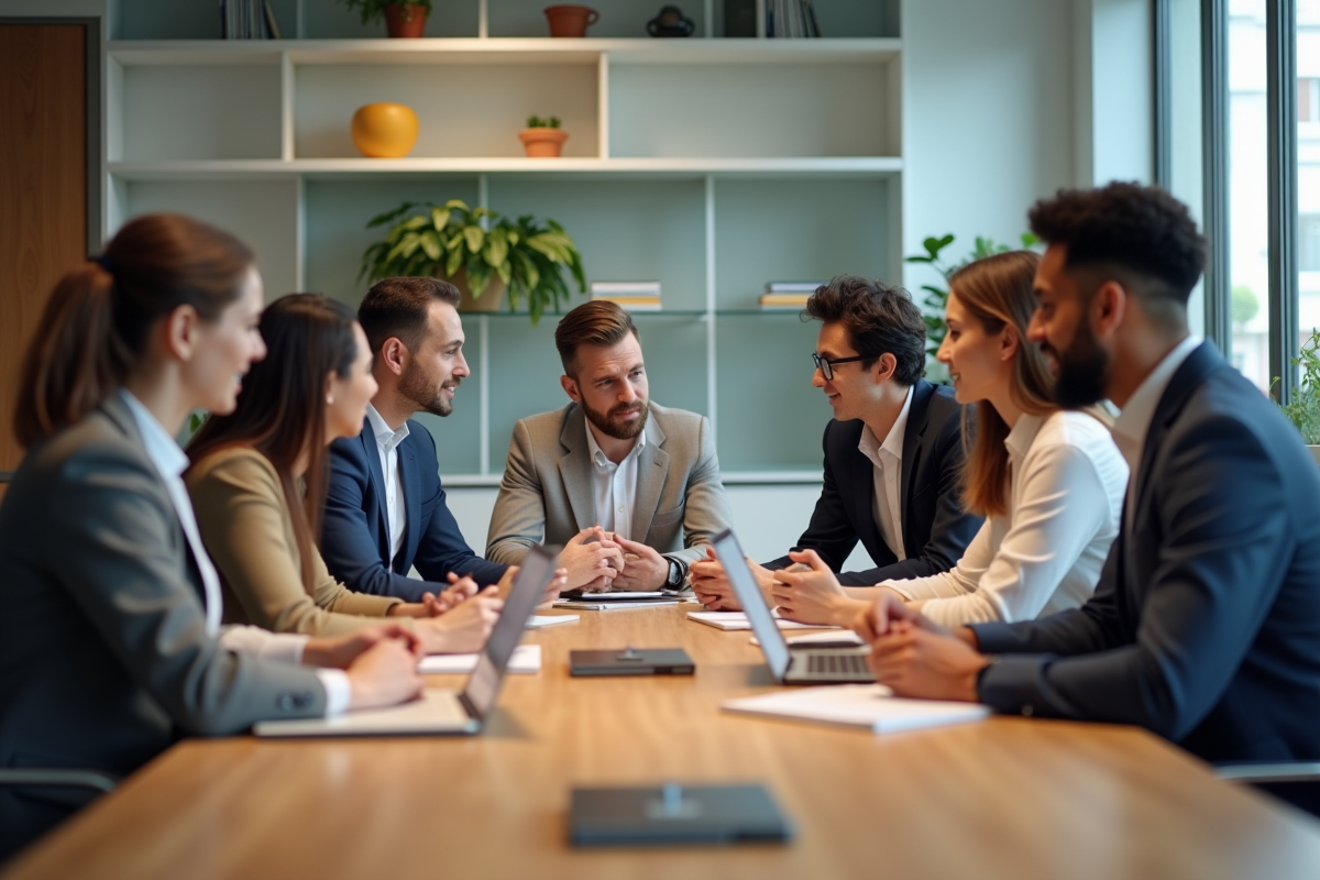 Groupe de collègues en réunion dans un bureau moderne