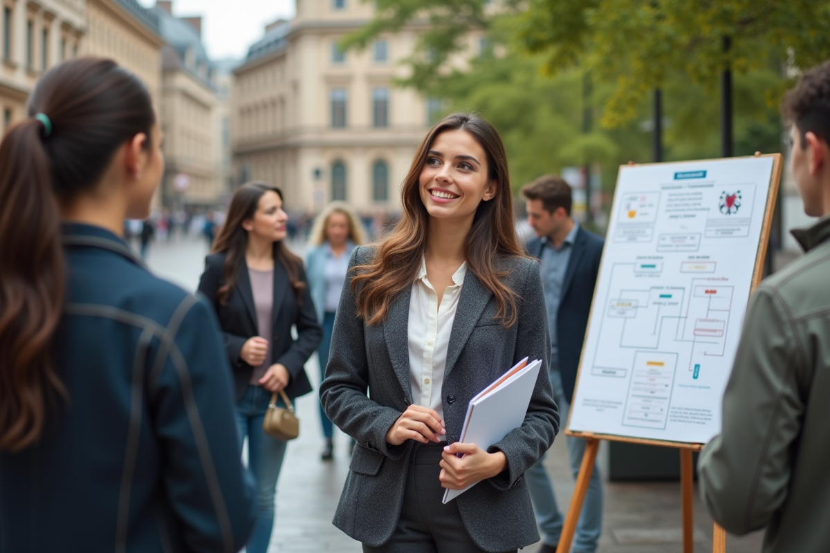 Jeune femme dirigeant un groupe devant un panneau d