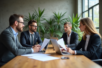 Groupe de professionnels en réunion dans un bureau moderne