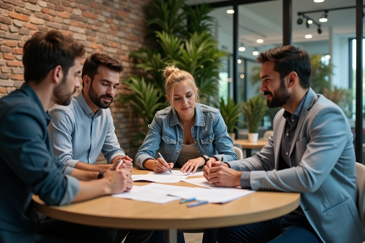 Groupe de professionnels discutant autour d