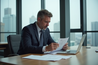 Homme d'affaires pensif tenant une lettre de licenciement