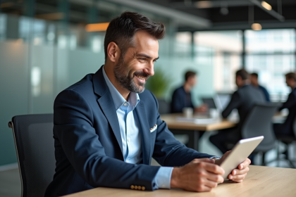 Homme d'affaires en blazer regardant des analyses sur une tablette