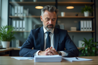 Homme d'affaires en costume navy dans un bureau moderne