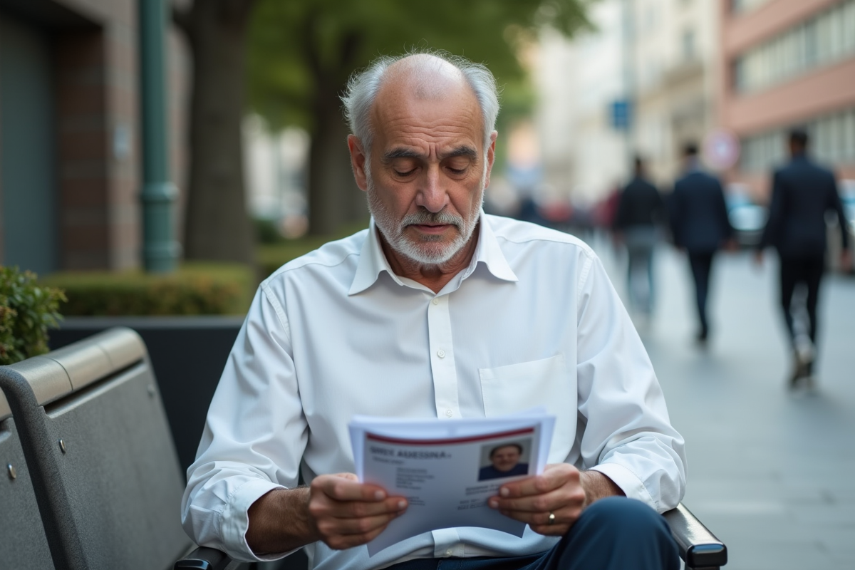 Homme age en chemise blanche organisant ses documents dehors