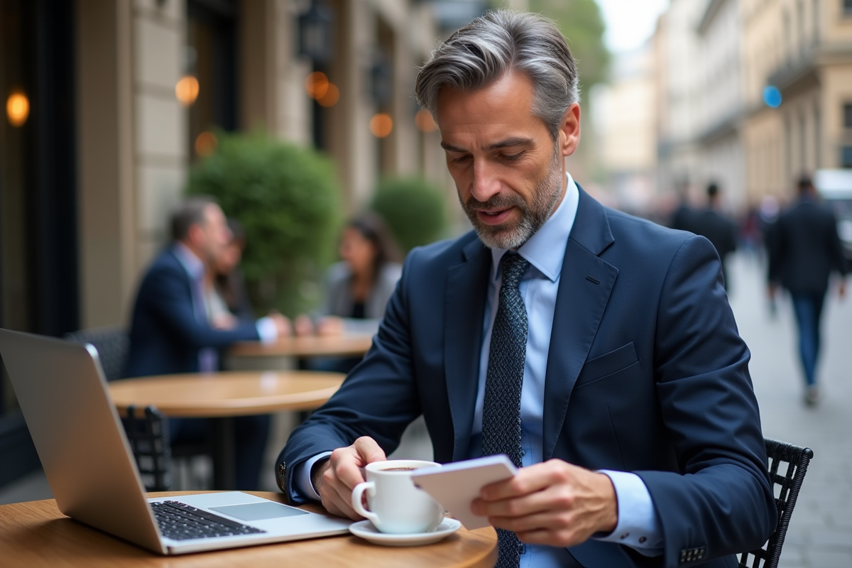 Homme en costume examinant ses cartes de visite en terrasse