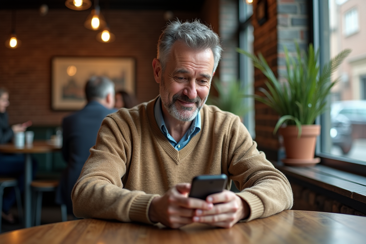 Homme au café consultant ses emails sur son smartphone