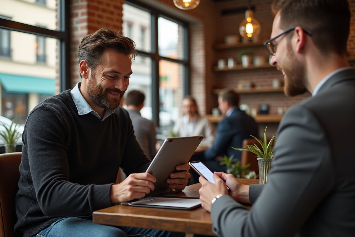 Homme d age utilisant un QR code dans un café ensoleille