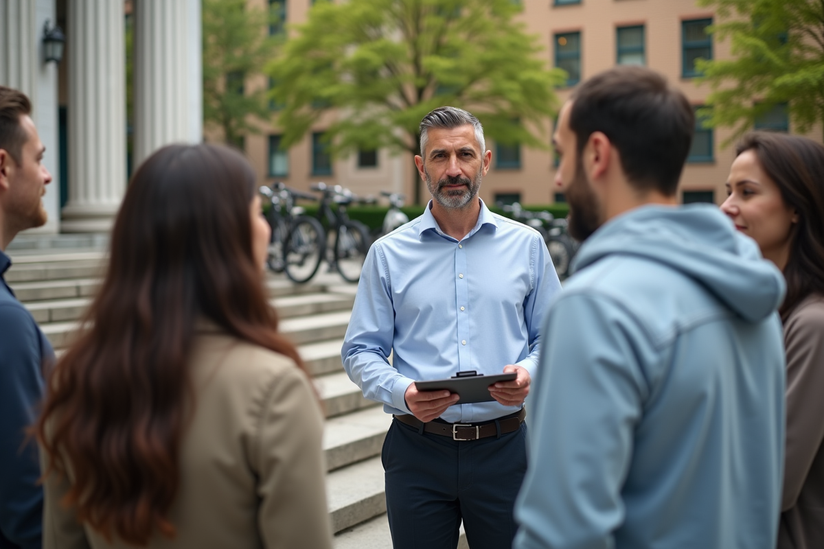 Homme confiant en extérieur avec groupe de clients