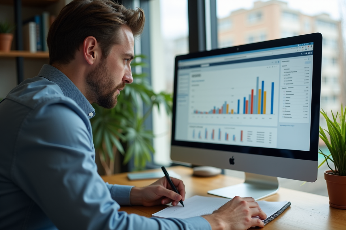 Homme d affaires prenant des notes devant un tableau de bord