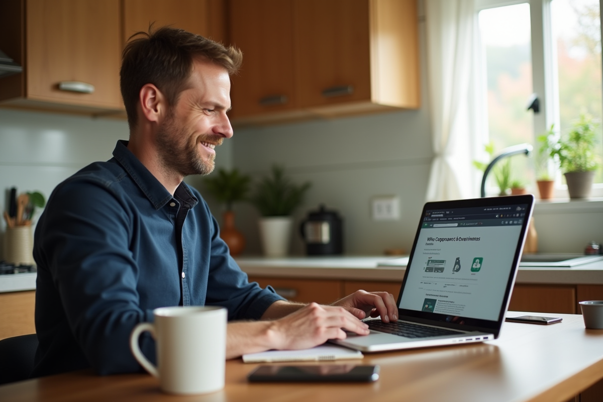 Homme utilisant un ordinateur dans une cuisine lumineuse