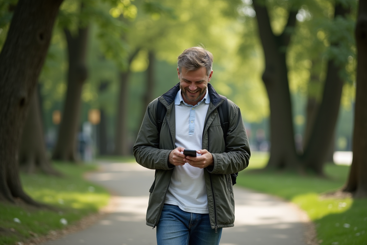 Homme se promenant dans un parc en vérifiant son téléphone