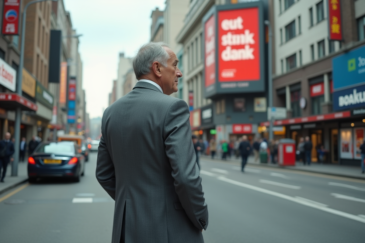 Homme en costume regardant une affiche dans la ville