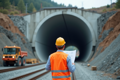 Ingénieur civil en casque et gilet de sécurité devant un tunnel