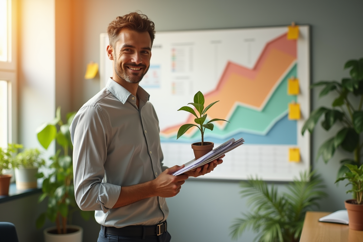 Jeune entrepreneur tenant une plante et des rapports financiers dans un bureau lumineux