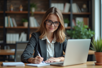 Jeune femme au bureau prenant des notes avec son ordinateur