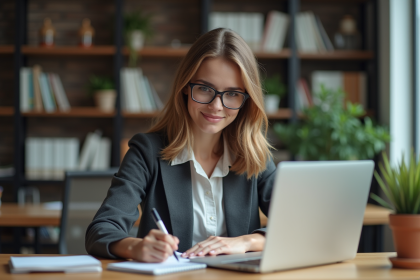 Jeune femme au bureau prenant des notes avec son ordinateur