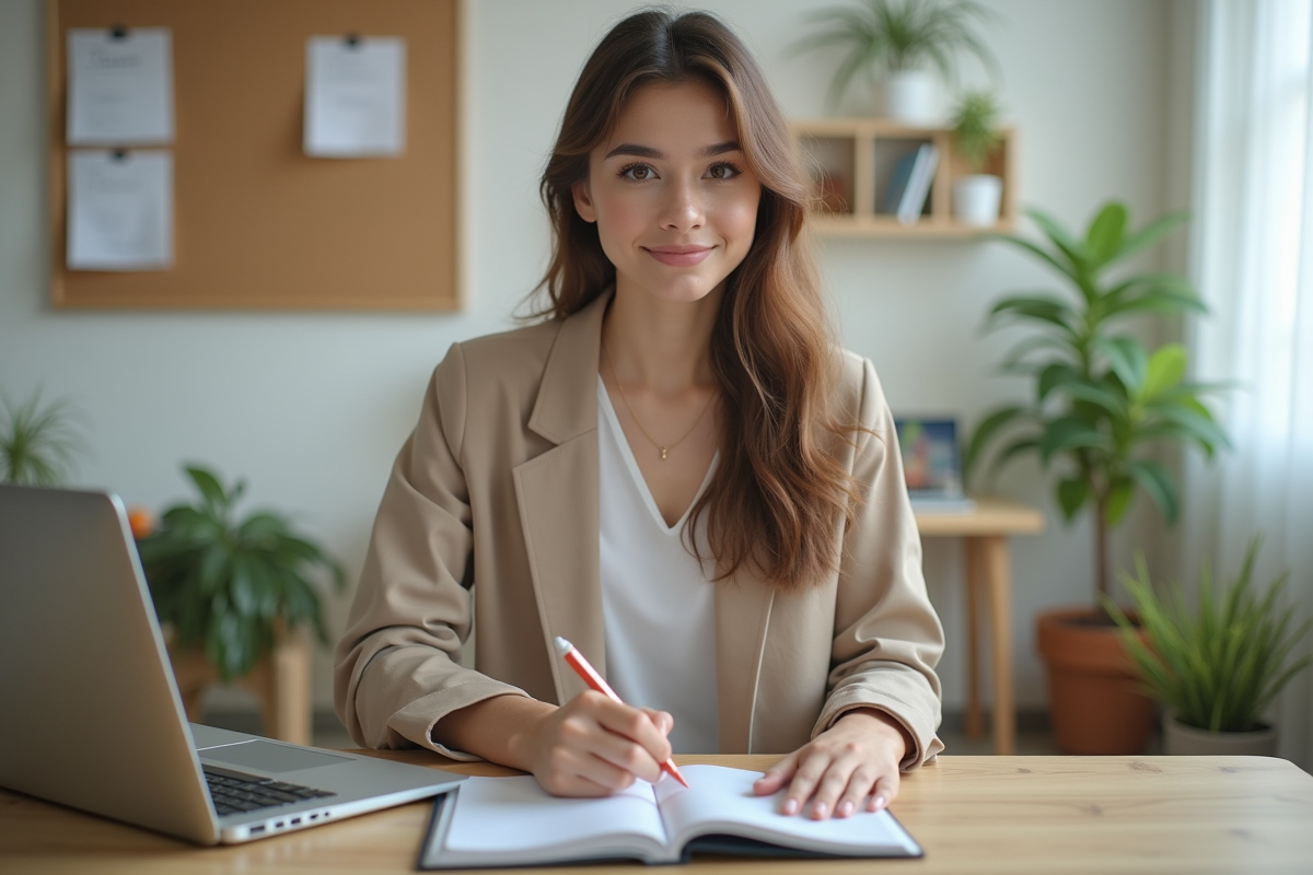 Jeune femme au bureau à domicile utilisant un ordinateur portable