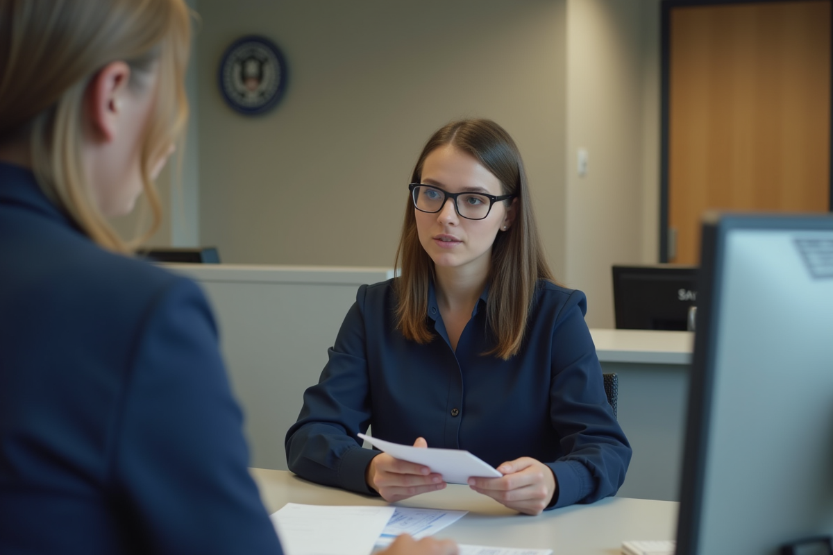 Jeune femme en blouse navy remettant ses papiers officiels