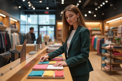 Jeune femme en retail arrangeant des displays color&eacute;s
