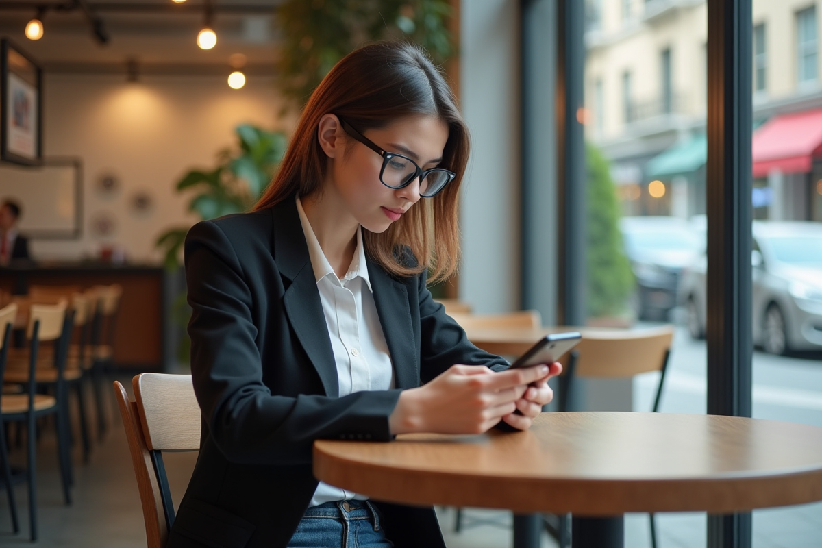 Jeune femme regardant son smartphone dans un café moderne