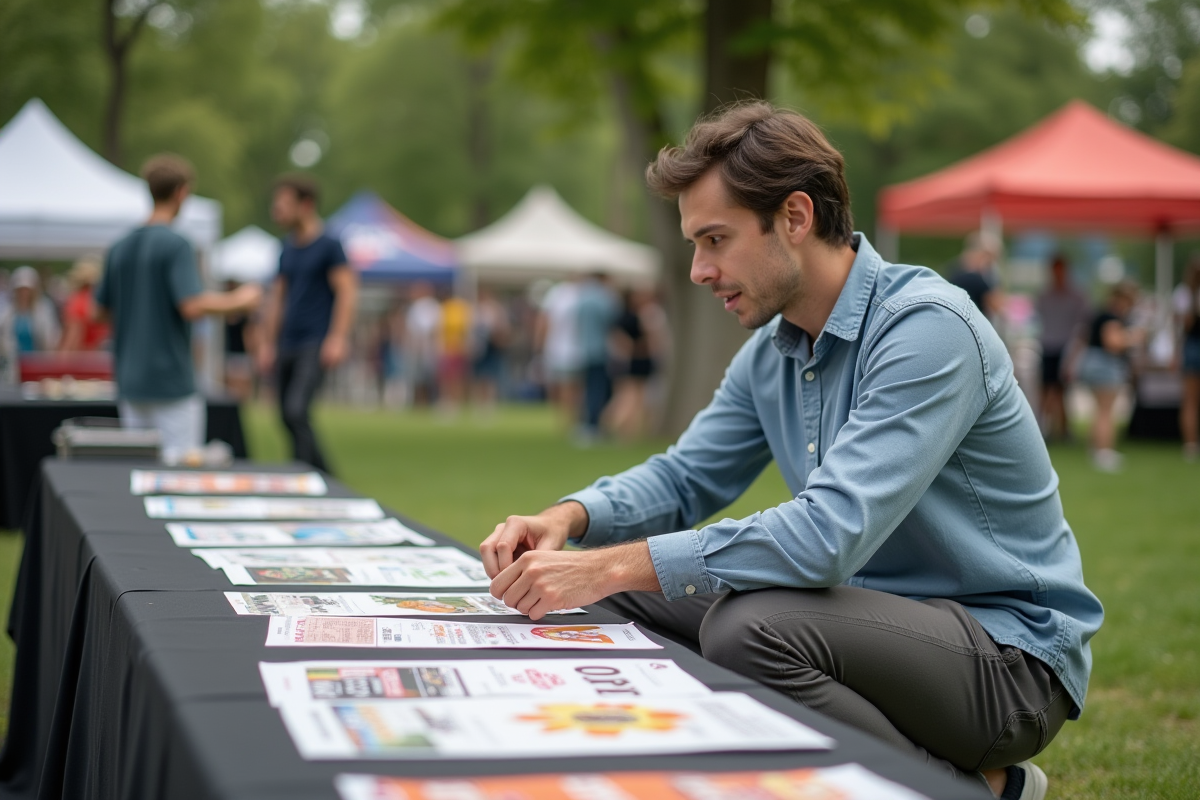 Jeune homme arrangeant des flyers dans un parc lors d