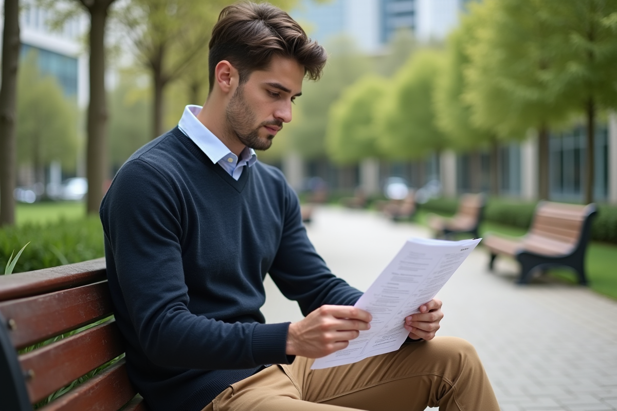 Jeune homme étudiant son CV dans un parc en plein air