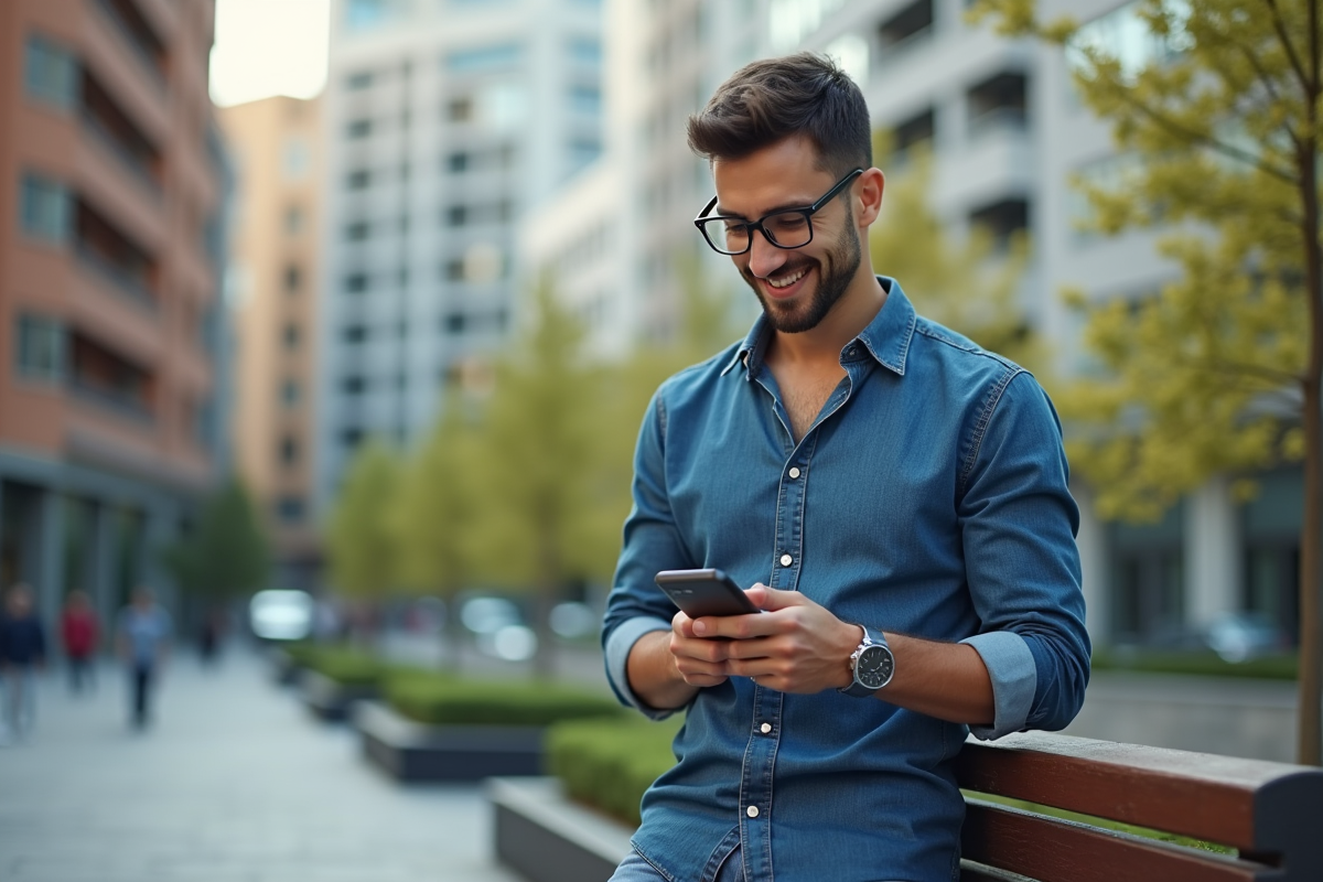 Jeune homme dehors utilisant son smartphone sur un banc