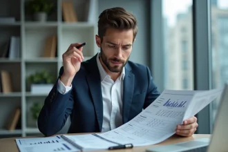 Jeune homme en costume analyse une feuille de calcul dans un bureau moderne