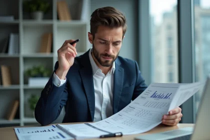 Jeune homme en costume analyse une feuille de calcul dans un bureau moderne