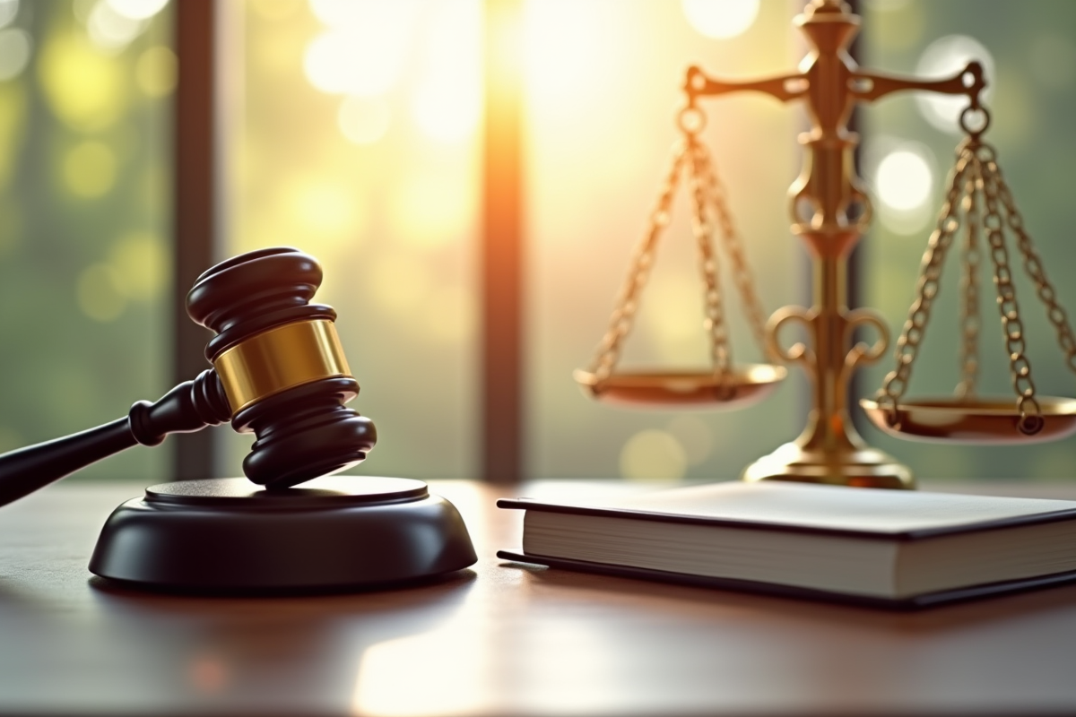 Une balance de justice et un marteau sur un bureau en bois poli