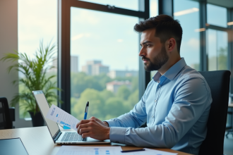 Manager RH examinant des documents de salaire dans un bureau lumineux