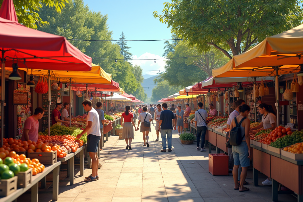 Marché en plein air avec vendeurs et produits frais