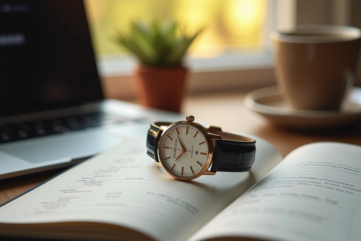 Montre élégante sur un carnet avec ordinateur et café