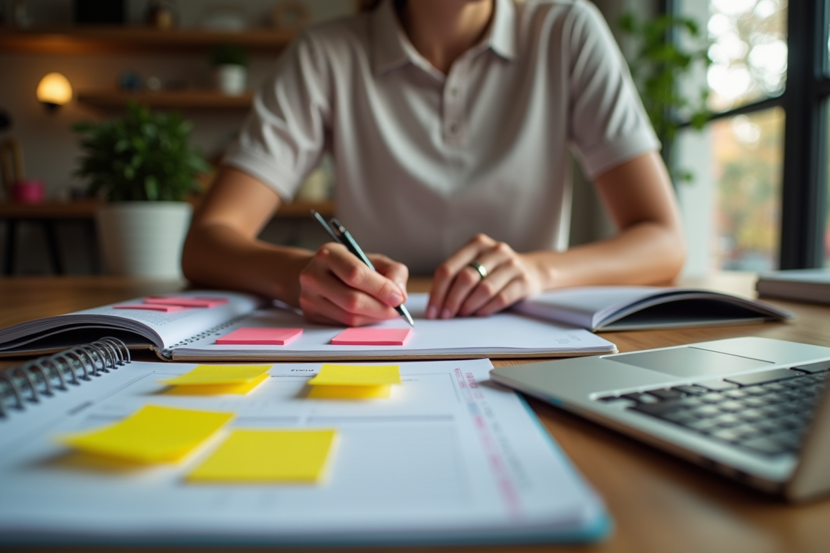 Personne organisant des notes et planning pour la gestion du temps