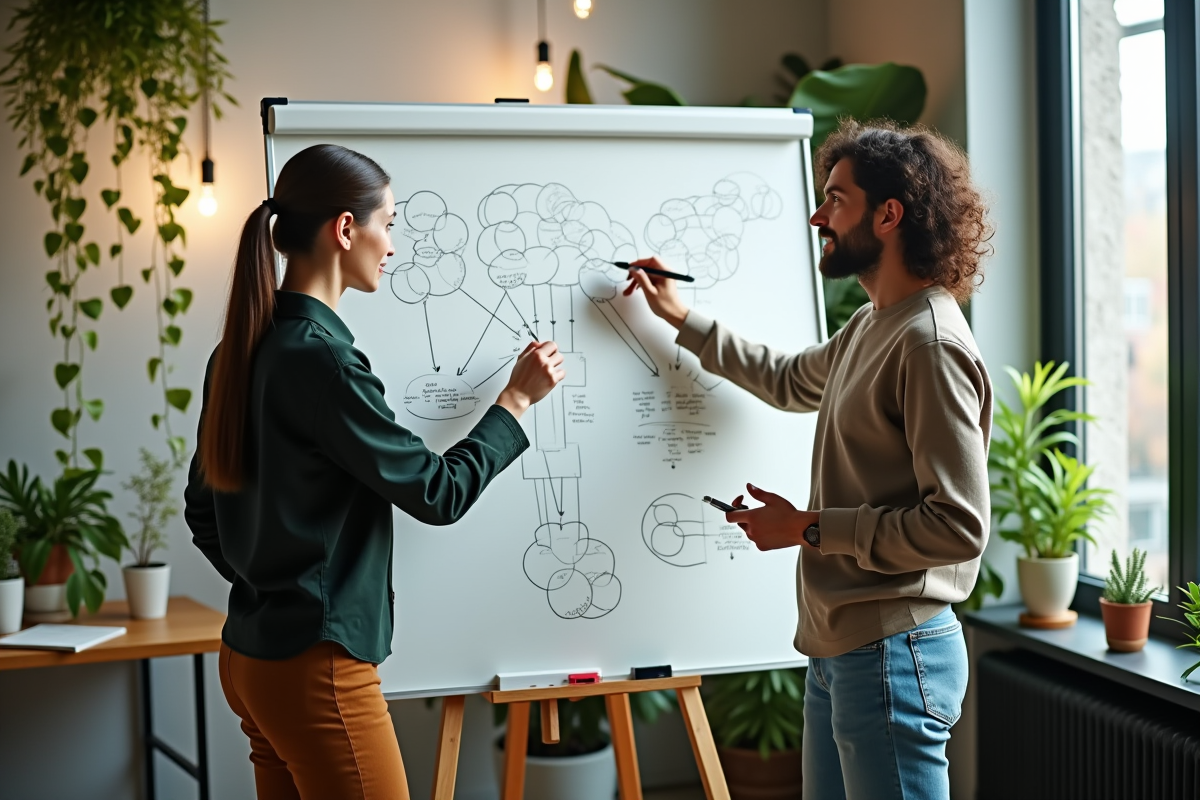 Deux personnes dessinant des graphiques sur un tableau blanc naturel