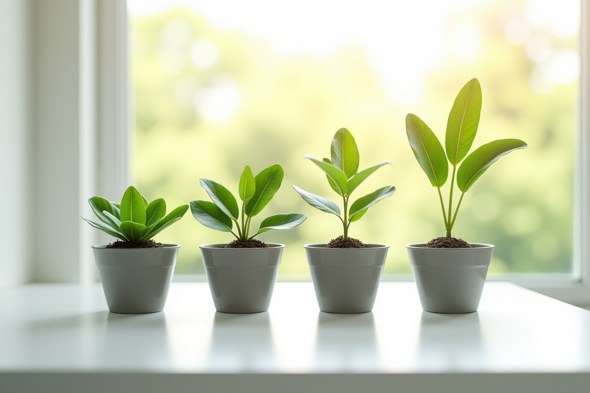 Quatre plantes en pots à différents stades de croissance sur un bureau lumineux