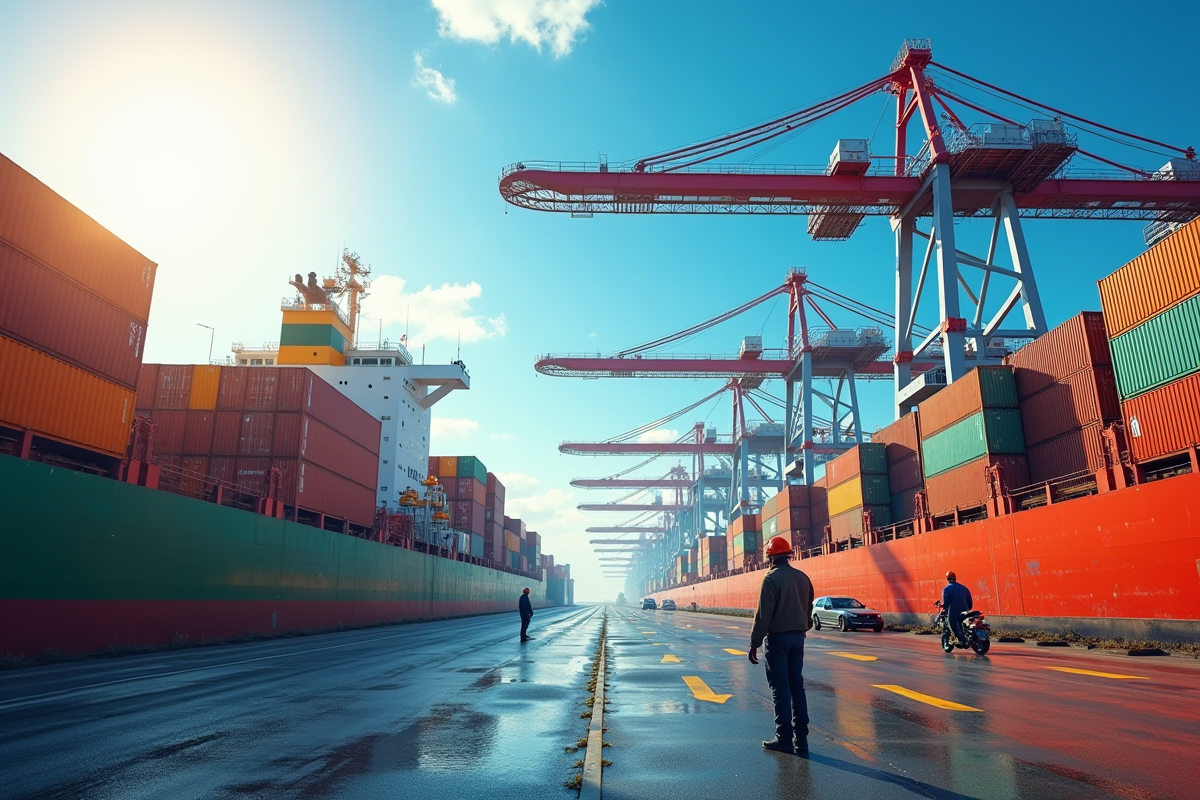 Port avec containers colorés et navires en chargement