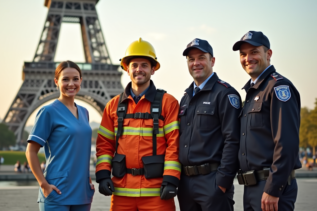 Professionnels de services publics devant monument français en plein air