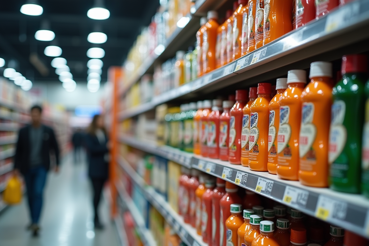 Rayon avec produits identiques et clients en arrière-plan