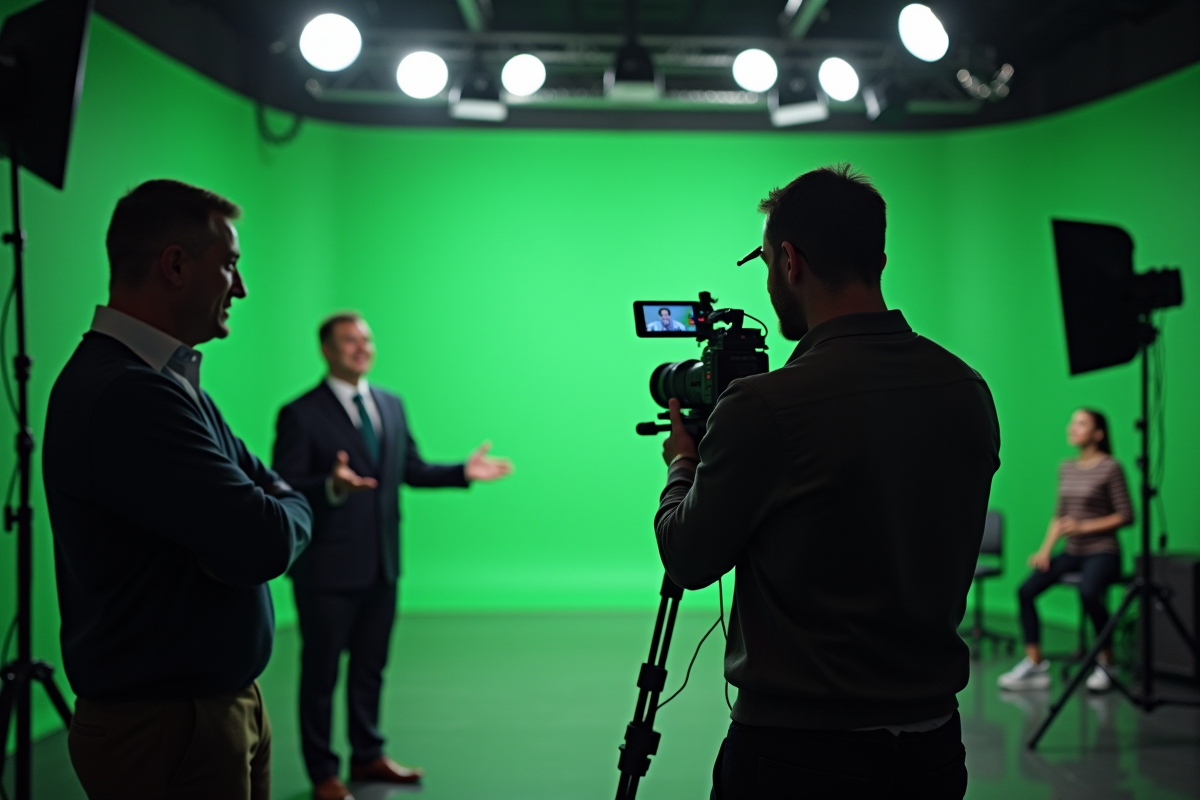 Regisseur guide une equipe en tournage avec eclairage professionnel