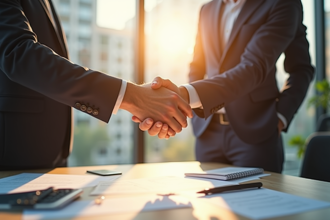 Professionnel serrant la main d'un client dans un bureau lumineux