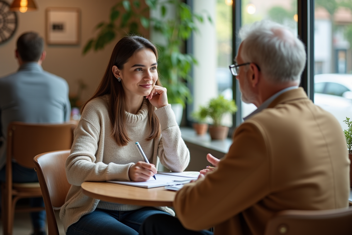 Représentante service client écoutant un client dans un café cosy
