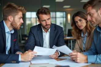 Groupe de collègues en réunion d'affaires sérieuse