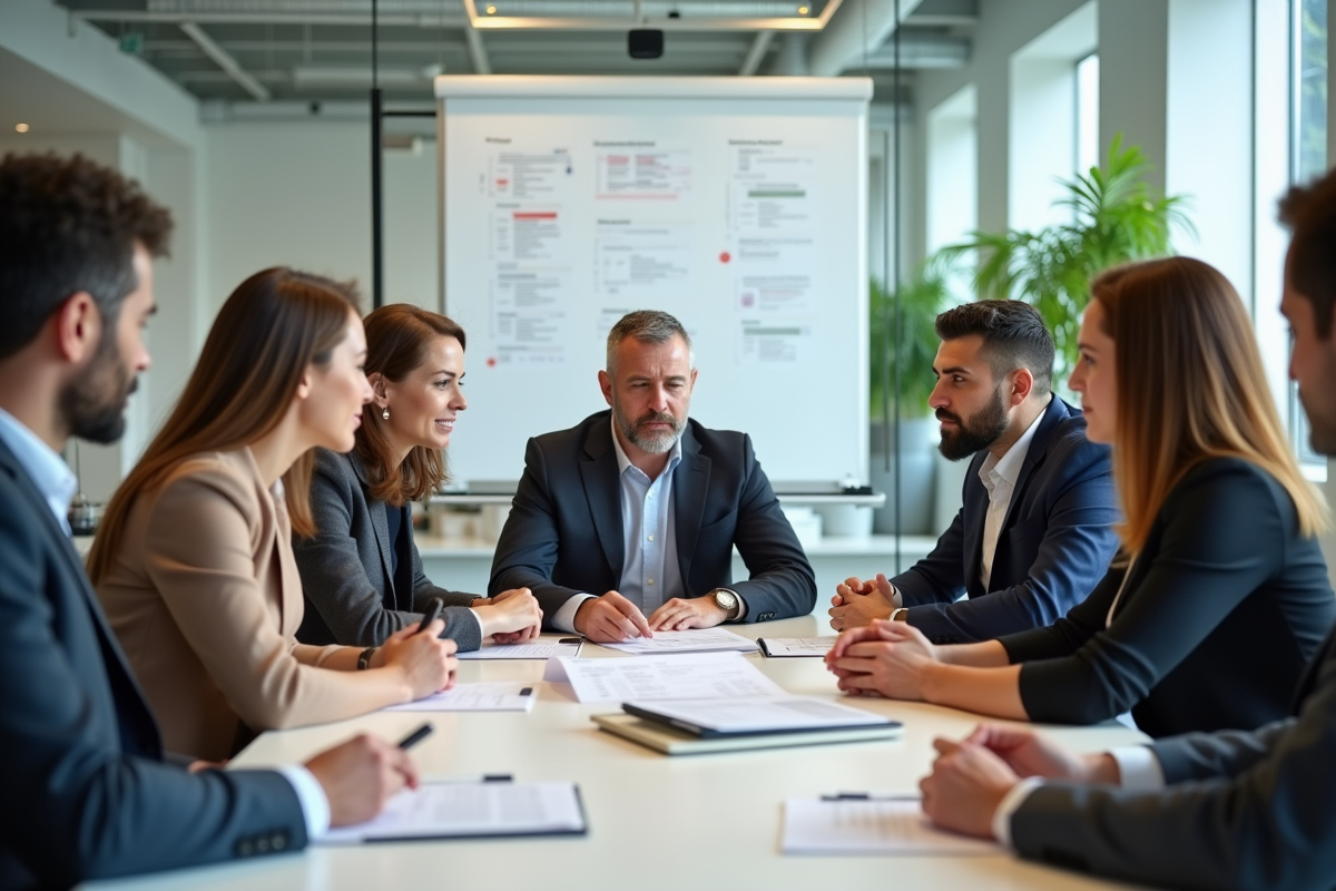 Groupe de professionnels en réunion discussion collaborative