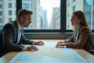Homme et femme discutant d'une carte dans un bureau moderne