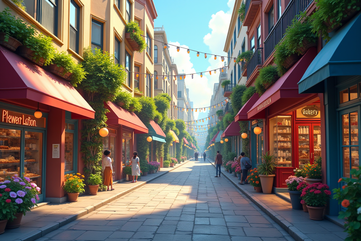 Rue animée avec boutiques et clients au matin