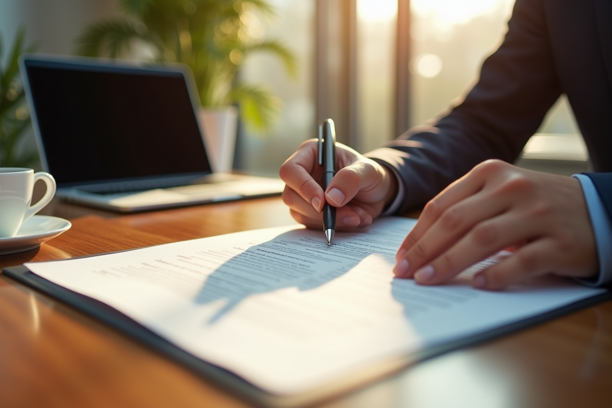 Mains signant un document officiel sur un bureau en matinée