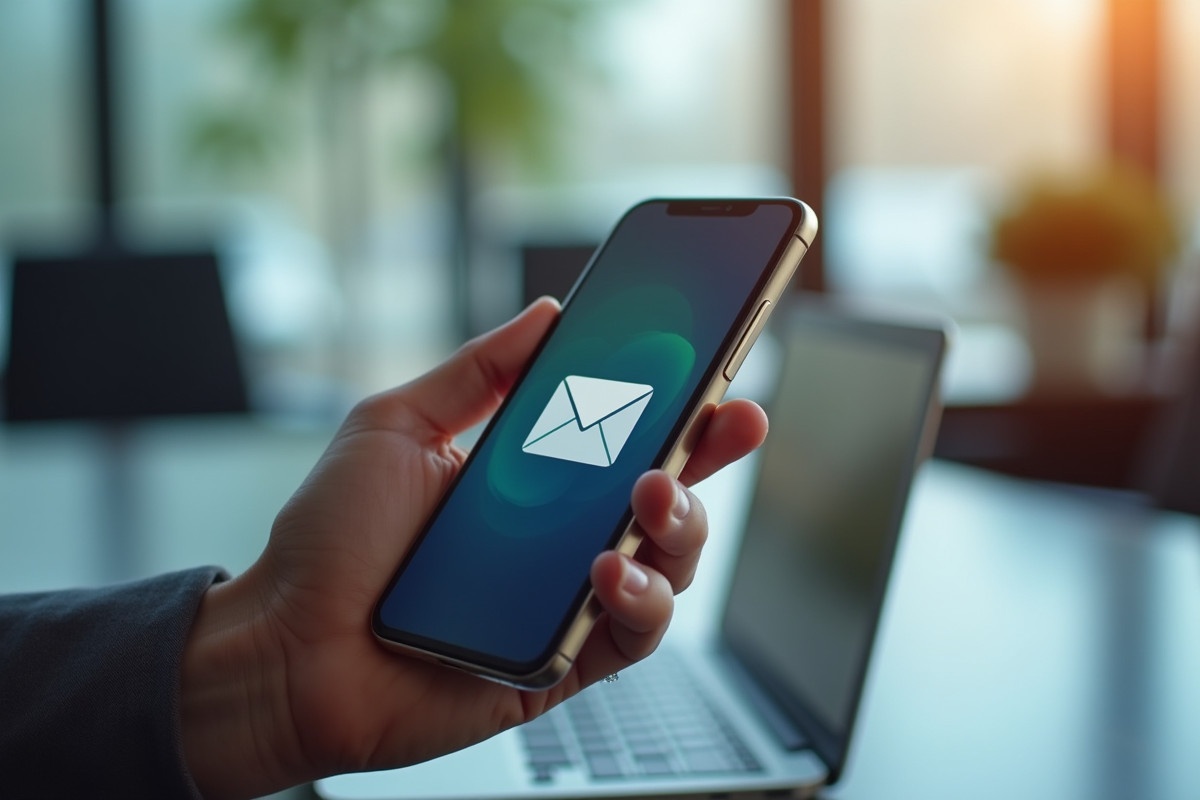 Smartphone dans la main affichant une notification de mail reçu