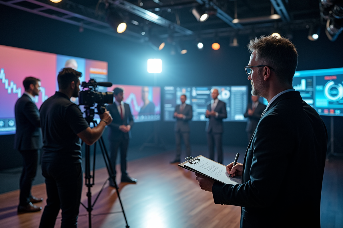 Equipe de tournage en studio avec écrans de statistiques
